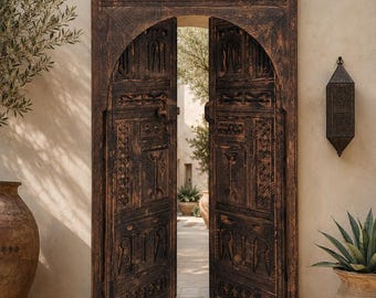 May include: Open, intricately carved wooden doors with an arched top. The doors are dark brown and feature detailed patterns. The doorway leads to an outdoor space with plants and a stone pathway. A decorative lantern hangs on the wall.