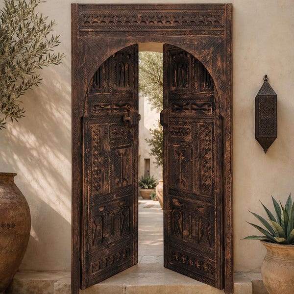 WOODEN Double Panel DOOR, Handcrafted Moroccan Wood Door, Made To Order CARVED Berber Door, Luxury Moroccan Style Brown Door.