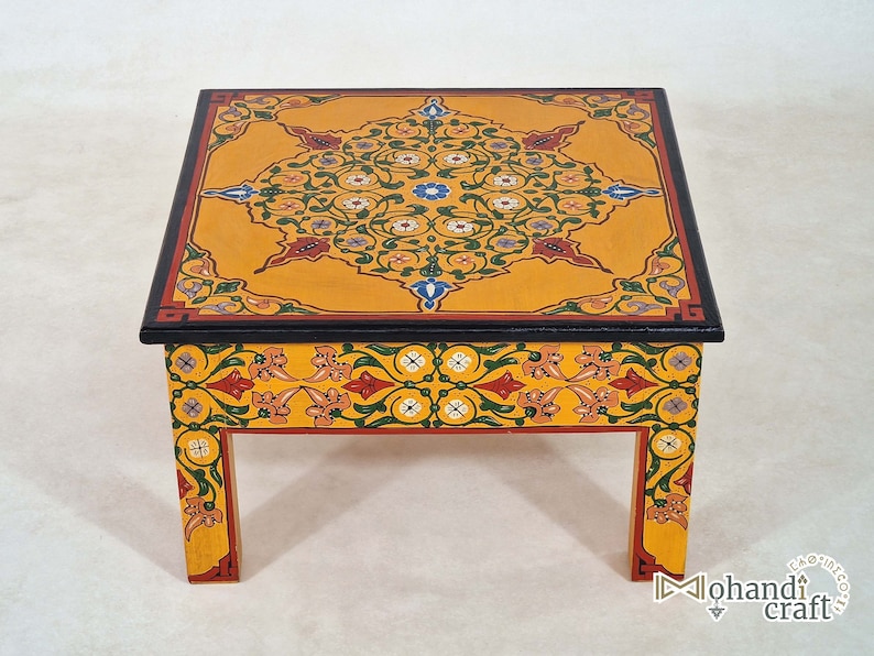 Hand Painted Moroccan Wood Table, Handmade Redwood Golden Floor Table, Boho Luxury Living Room Decor, Mohandicrafts image 7