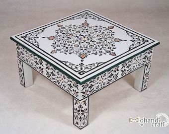 DECORATIVE Floral WOOD TABLE, Modern Moroccan Table, Unique Handpainted Low Table, Black & White Furniture, Custom Moroccan Design