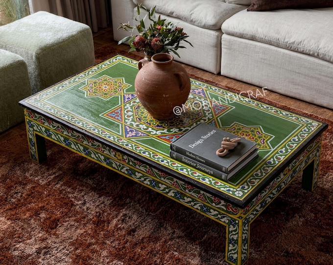 Featured listing image: Hand Painted Moroccan Wood Coffee Table, Handmade Redwood Low Table, Boho Luxury Living Room Decor, Mohandicrafts