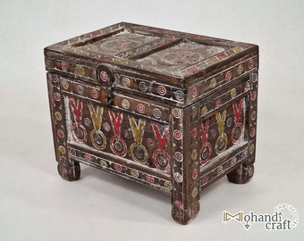 ANTIQUE WOOD CHEST, Carved Moroccan Wooden Box, Handicraft Storage Furniture, Berber Brown & Red Chest, Bohemian Decor
