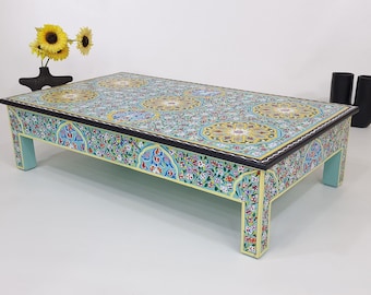 Unique CUSTOM COFFEE TABLE, Cocktail bluish Table, Unique Low Table, Dining Table, Colorful Yellow Blue Furniture Table, Floral Coffee Table