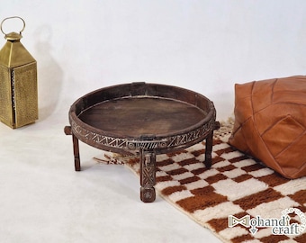 ROUND VINTAGE FURNITURE - Unique Moroccan Coffee Table, Handicraft Brown Side Table, Carved Wooden Berber Decor, Rustic Table