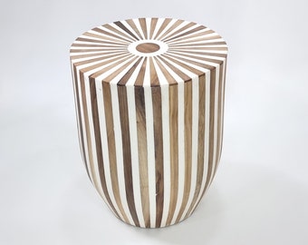 STUNNING HANDMADE Round Table, Unique Wooden Piece of Art Side Table, White-Wood Stripped Table Coffee End Table, Add Charm to Your Room