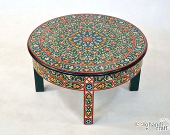 MESA BAJA redonda marroquí personalizada única - Mesa de centro de madera marroquí, mesa de madera verde pintada a mano, mesa bereber decorativa, color vibrante