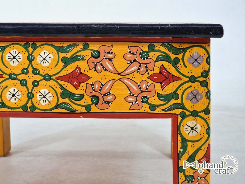 Hand Painted Moroccan Wood Table, Handmade Redwood Golden Floor Table, Boho Luxury Living Room Decor, Mohandicrafts image 11