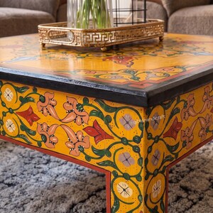 Hand Painted Moroccan Wood Table, Handmade Redwood Golden Floor Table, Boho Luxury Living Room Decor, Mohandicrafts image 4