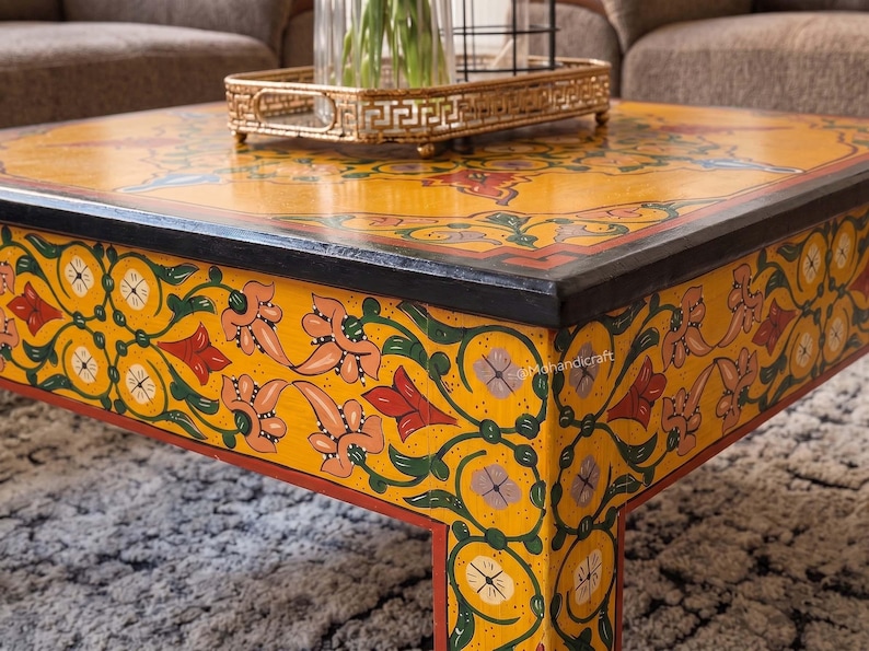 Hand Painted Moroccan Wood Table, Handmade Redwood Golden Floor Table, Boho Luxury Living Room Decor, Mohandicrafts image 4
