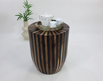 STUNNING Custom HANDMADE Round Accent Table, Unique Contemporary Modern Side Table, Walnut-Wood Striped Coffee End Table, Nest Black Table