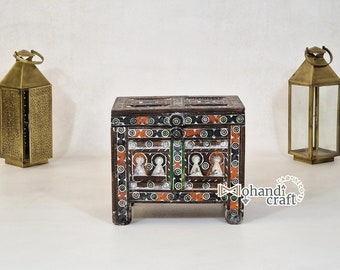 VINTAGE Hand-Carved WOODEN CHEST, Decorative Moroccan Box, Old Brown & Orange Furniture, Handicraft Storage Chest, Authentic Design