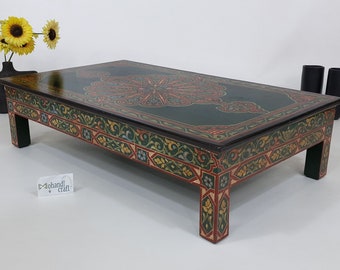 Handmade Wood Lower Table: Unique Handpainted Coffee Table, Dark Green Cocktail Table, Low Dining Table, Colorful Red Wood Sofa Table