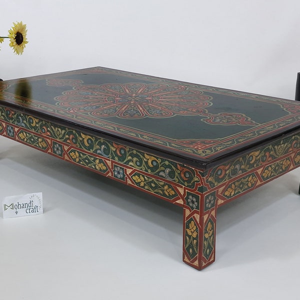 Handmade Wood Lower Table: Unique Handpainted Coffee Table, Dark Green Cocktail Table, Low Dining Table, Colorful Red Design Sofa Table