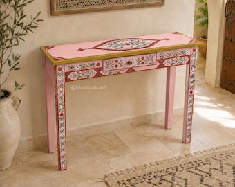 MESA DE MADEIRA FEITA À MÃO para sua casa, mesa de madeira com design incrível, mesa de escritório personalizada em cor rosa, mesa de escritório exclusiva pintada à mão com flores