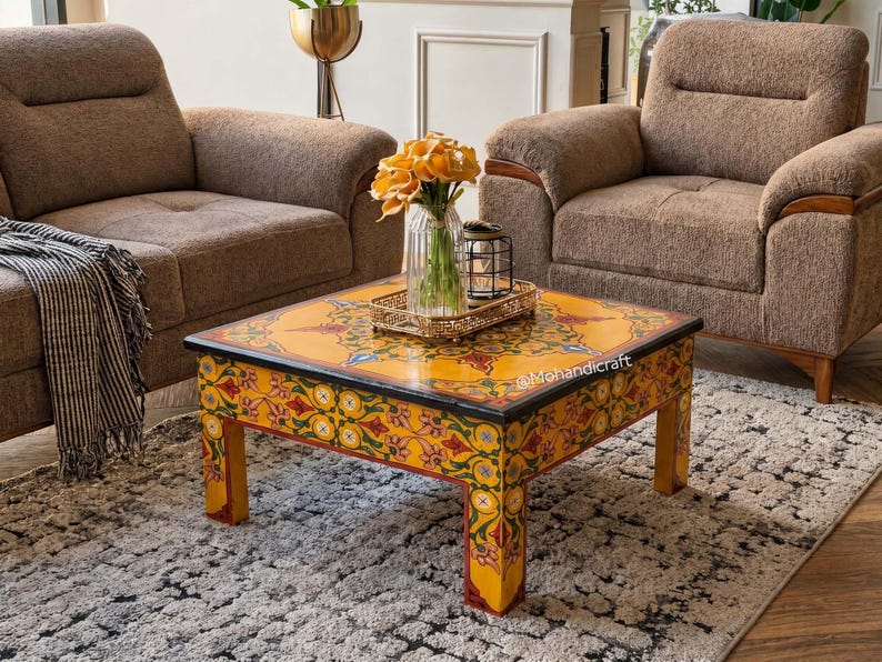Hand Painted Moroccan Wood Table, Handmade Redwood Golden Floor Table, Boho Luxury Living Room Decor, Mohandicrafts image 1