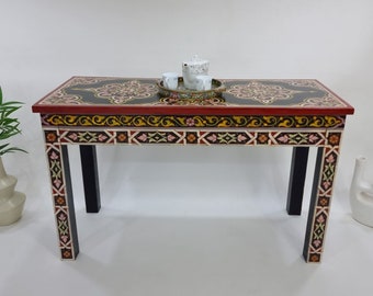 Moroccan Handmade Wood Table, Berber Design Table, Custom Dining Table, Colorful Black Table, Floral Coffee Table, Unique Home Dining Table