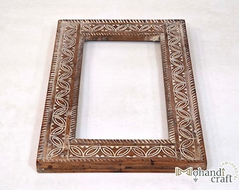 RECTANGLE Moroccan MIRROR FRAME - Vintage Wooden Mirror Frame - Carved Brownish Wood Furniture - Handcrafted Mirror Frame, Rustic Home