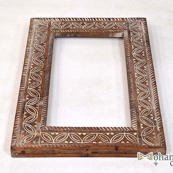 RECTANGLE Moroccan MIRROR FRAME - Vintage Wooden Mirror Frame - Carved Brownish Wood Furniture - Handcrafted Mirror Frame, Rustic Home