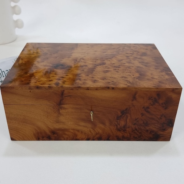 BEAUTIFUL Large Solid Thuya Burl JEWELRY BOX wood gift, 12x8 Lockable Wooden Chest Box, Cute Handmade Piece of Art, Add Charm to Your Room