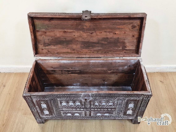 One of a Kind Moroccan Piece, CARVED Moroccan Wooden Chest, Unique