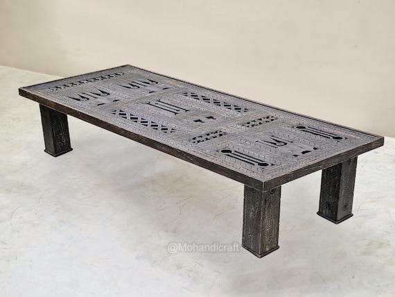 Handmade Rustic Wooden Low Table, Custom Moroccan Sofa Table, Black Solid Wood Coffee Table, Vintage-Inspired Design, Mohandicraft Furniture