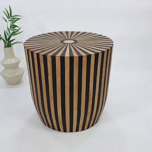 STUNNING HANDMADE Round Table, Unique Contemporary Modern Wood Side Table, Walnut-Wood Stripped Coffee End Table, Accent Stool in Black