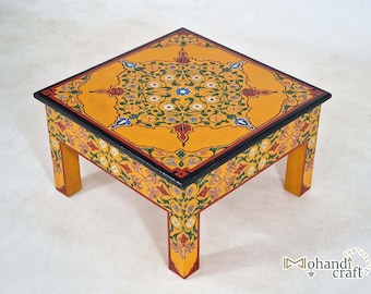 Orange Gold LOW COFFEE TABLE, Moroccan Wooden Table, Handpainted Dining Table, Artistic Green Furniture, Made To Order Floral Design