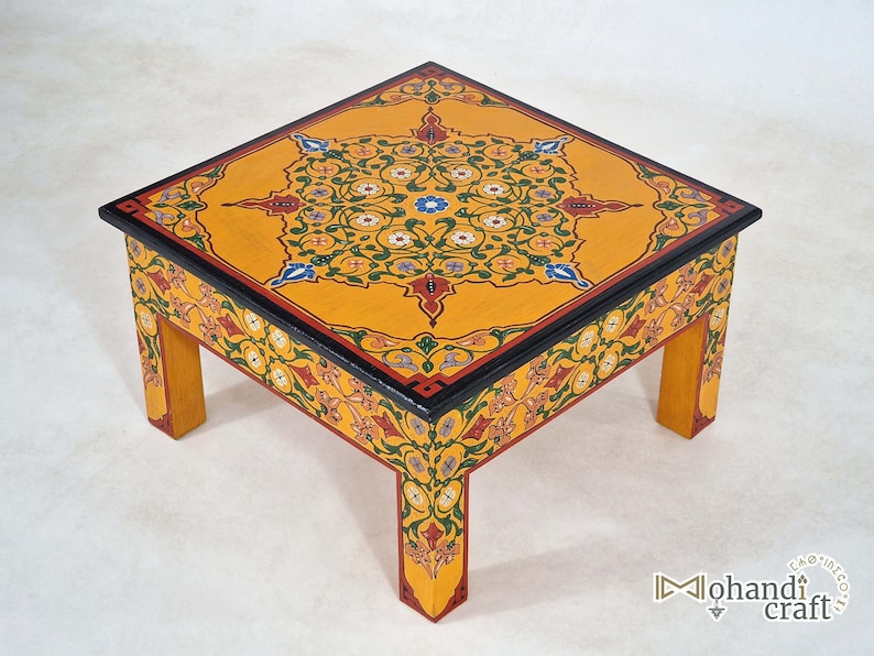 Hand Painted Moroccan Wood Table, Handmade Redwood Golden Floor Table, Boho Luxury Living Room Decor, Mohandicrafts image 6