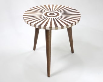 Round SIDE WOOD Table with Beautiful DETAIL, Unique Handmade White-Wood Accent Table, Add Charm to Your Room with this Moroccan End Table