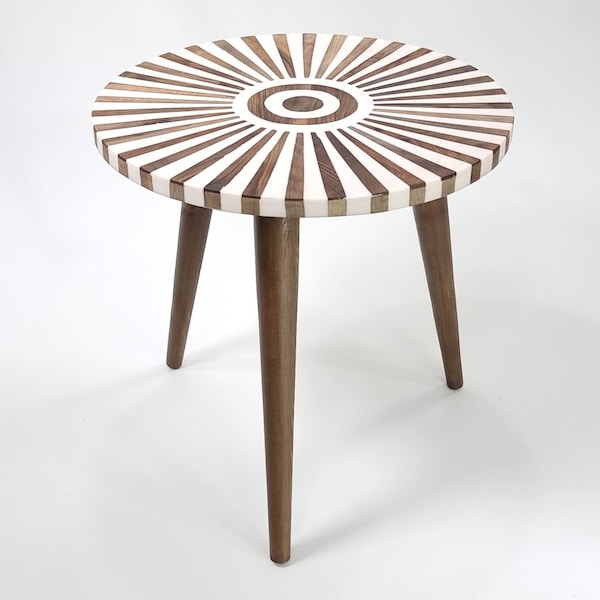 Round SIDE WOOD Table with Beautiful DETAIL, Unique Handmade White-Wood Accent Table, Add Charm to Your Room with this Moroccan End Table