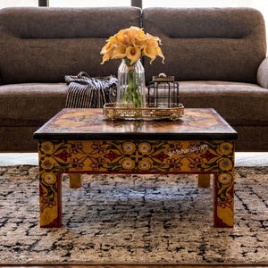 Hand Painted Moroccan Wood Table, Handmade Redwood Golden Floor Table, Boho Luxury Living Room Decor, Mohandicrafts image 2