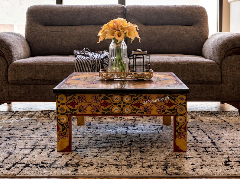Hand Painted Moroccan Wood Table, Handmade Redwood Golden Floor Table, Boho Luxury Living Room Decor, Mohandicrafts image 2