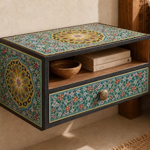 May include: A wall-mounted wooden nightstand featuring a dark frame and intricate, colorful floral and geometric patterns on the top, side, and drawer front. It includes an open shelf holding a small wooden bowl and books, plus a single drawer.