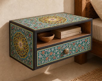 Flytande marockanskt sängbord, handmålat turkos nattduksbord, väggmonterad boho sovrumsdekor, fransk klammerfäste, Mohandicrafts