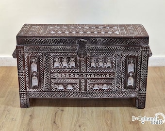 One of a Kind Moroccan Piece, CARVED Moroccan Wooden Chest, Unique storage Trunk, Handcrafted Brown WOOD Chest, Berber VINTAGE Furniture