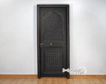 CONTEMPORARY WOOD DOOR, Unique Black Moroccan Artwork, Carved Berber Motifs Door, Hand Engraved Door, Wooden Single Panel Door