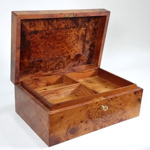 Large HANDMADE Solid Thuya Burl JEWELRY BOX wood gift, 12x8 Lockable Wooden Chest Box, Unique Handmade Piece of Art, Add Charm to Your Room