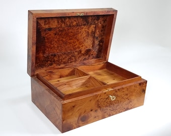 Large HANDMADE Solid Thuya Burl JEWELRY BOX wood gift, 12x8 Lockable Wooden Chest Box, Unique Handmade Piece of Art, Add Charm to Your Room