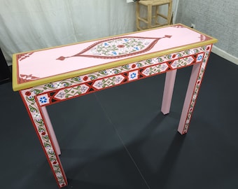 HANDMADE WOOD TABLE For Your Home, Amazing Design Wood Table, Console Custom Pink Color Office Table, Flower Unique Hand Painted Desk Table