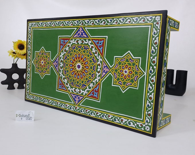 Featured listing image: HANDPAINTED COFFEE TABLE, Green Cocktail Table, Unique Low Table, Handmade Dining Table, Green Yellow Geometric Table, Colorful Couch Table