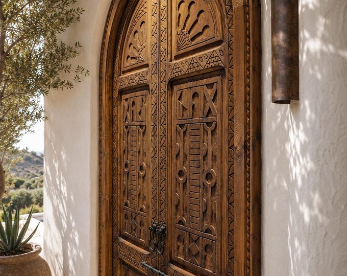 Featured listing image: Handmade Moroccan Arched Double Door, Hand Carved Wood Entry Door, Custom Carved Villa Decor, RUSTIC Berber Decor, French Style Door