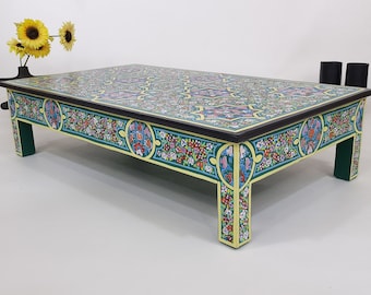 MOROCCAN COFFEE TABLE, 27x47in Floral Handpainted Table, Cocktail Greenish Table, Unique Low Table, Dining Table, Colorful Green Table