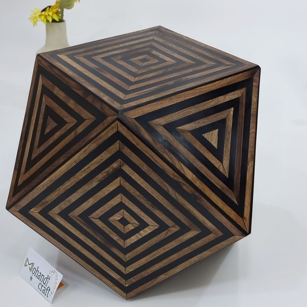 Eye-Catching BLACK & BROWN Custom Walnut-Wood Coffee End Table, Handmade Modern Table, Square Top Face Striped End Table, Icosahedron Table
