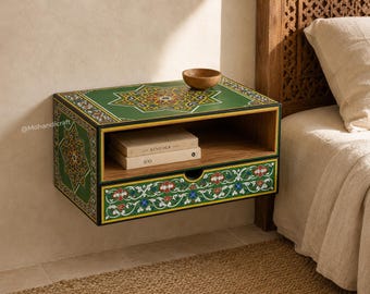 Green Nightstand, Hand Painted Star Medallion Design, Floating Wall Mount Bedside Table, French Cleat System, Mohandicrafts