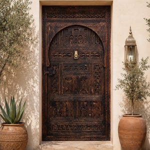 Porte en bois marocaine sur mesure, oeuvre d'art marocaine en forme de porte sculptée, porte marron foncé faite main, porte décorative gravée à la main, fabuleux design berbère