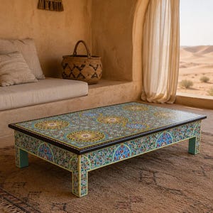 May include: A rectangular low coffee table featuring a dark frame and a flat top decorated with intricate floral and geometric patterns in shades of blue, green, yellow, and white. The table stands on four short legs with matching painted designs.