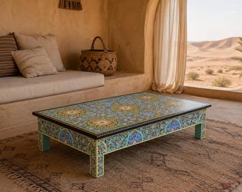Hand Painted Moroccan Wood Coffee Table Turquoise, Artisan Bois Rouge Star Medallion Low Table, Luxury Boho Decor | Mohandicrafts
