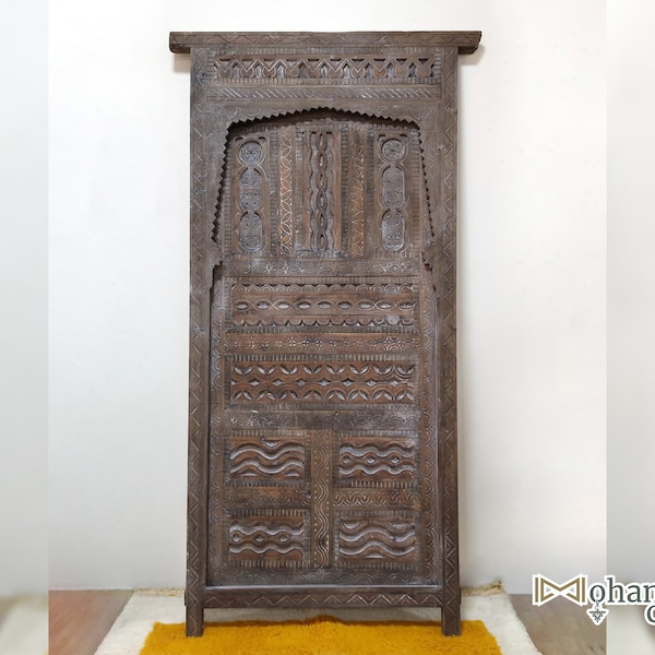 HANDMADE Artisanal Moroccan Door, Vintage Artwork Moroccan Door, CARVED Amazigh Symbols Door, Hand Engraved Door, Dark Antique BARN Door