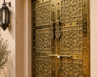 May include: Ornate brass double door with intricate geometric patterns and decorative handles. The door is a warm gold color and features a bolt lock. A black lantern hangs on the adjacent wall.