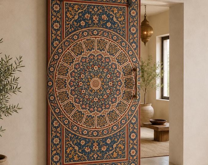 Featured listing image: Hand Painted Moroccan Barn Door, Solid Wood Teal Blue Mandala Floral Sliding Door, Luxury Painted Interior Door Custom Sliding Door